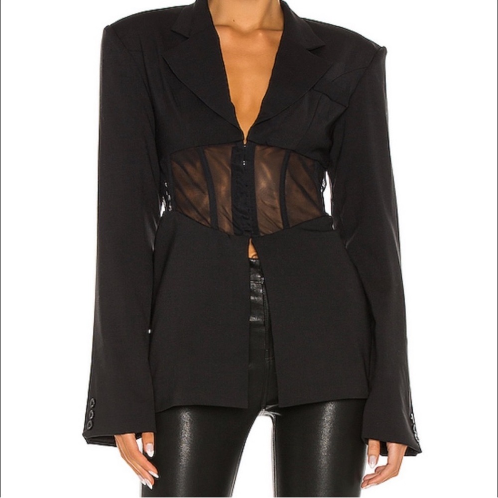 Danielle Guizio Black Structured Blazer with Sheer Corset Panel